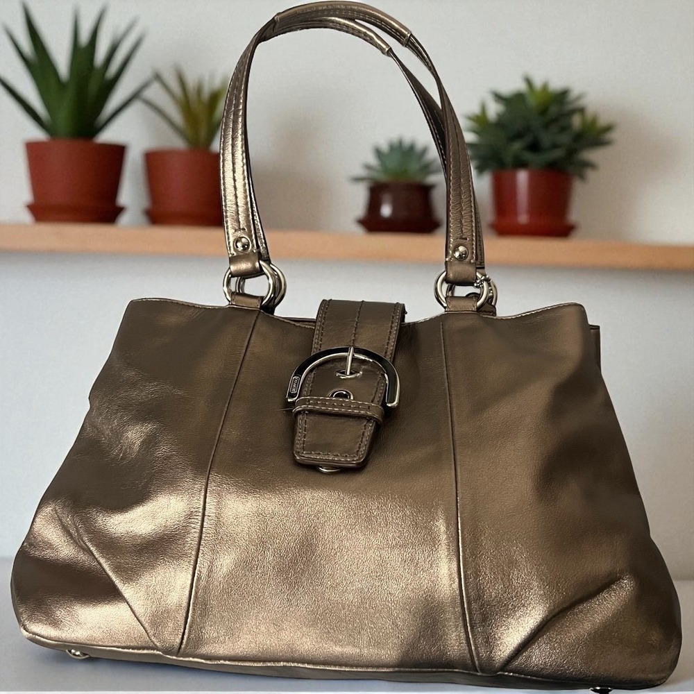 Coach Metallic Bronze Leather Buckle Shoulder Bag Satchel Handbag‎ Purse - Picture 3 of 10